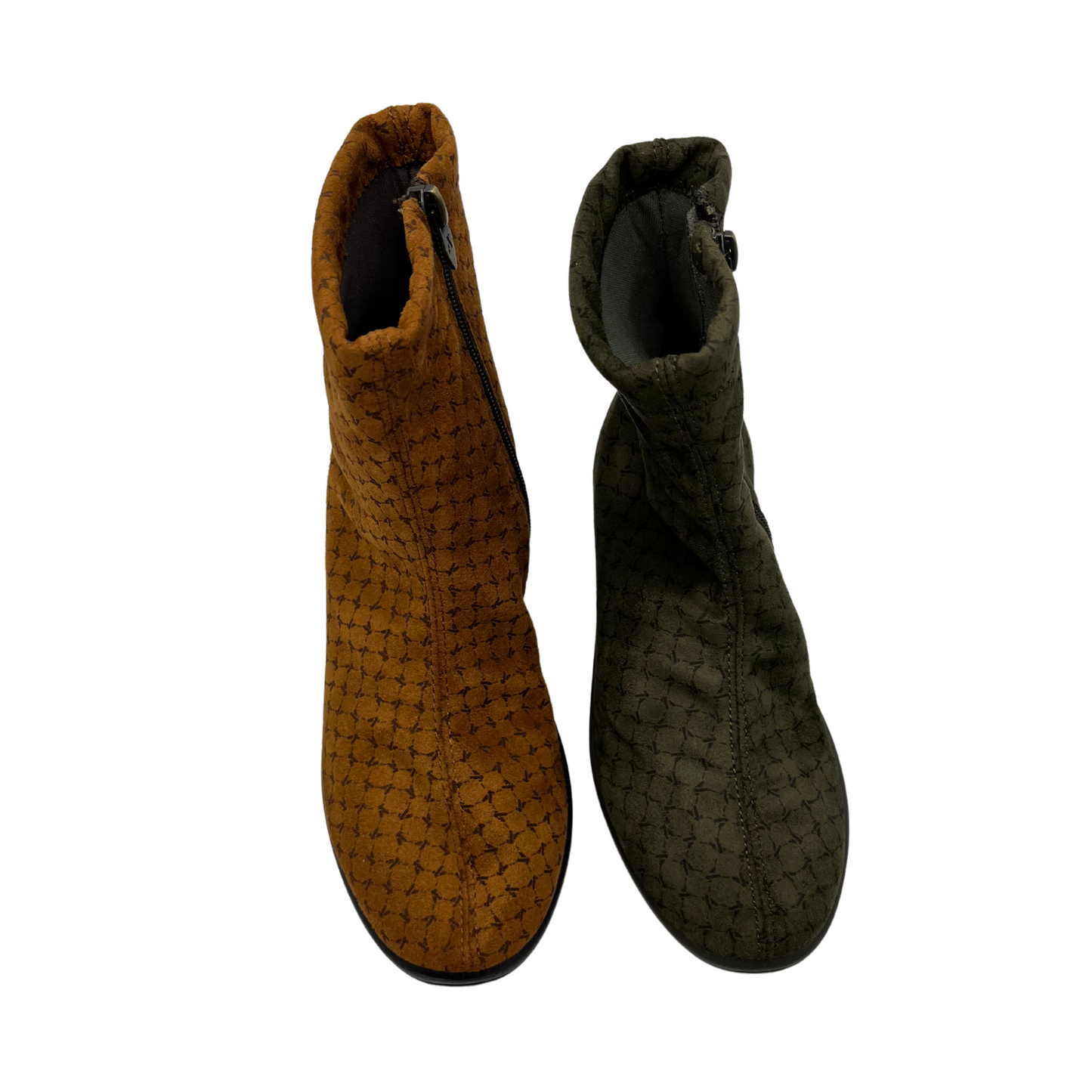 Top view of two short boots side by side. One is tobacco and one is olive. Both have side zipper closures and a rounded toe.