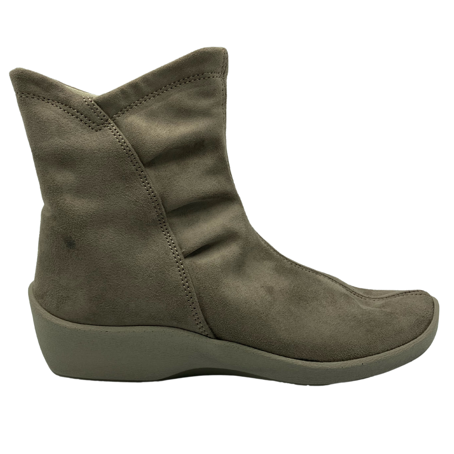 Right facing view of faux suede short boot with matching rubber sole and rounded toe