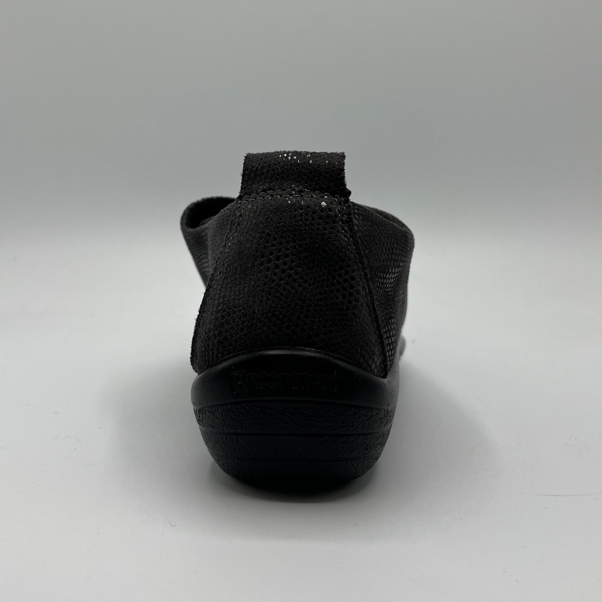 Back view of a grey lace up sneaker with a perforated upper.