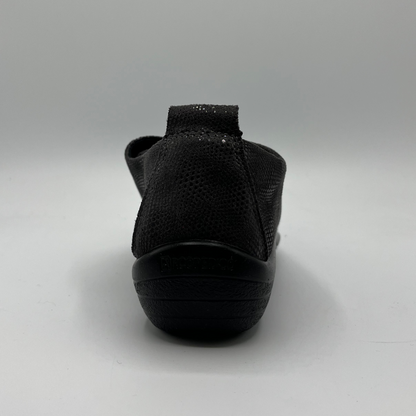 Back view of a grey lace up sneaker with a perforated upper.