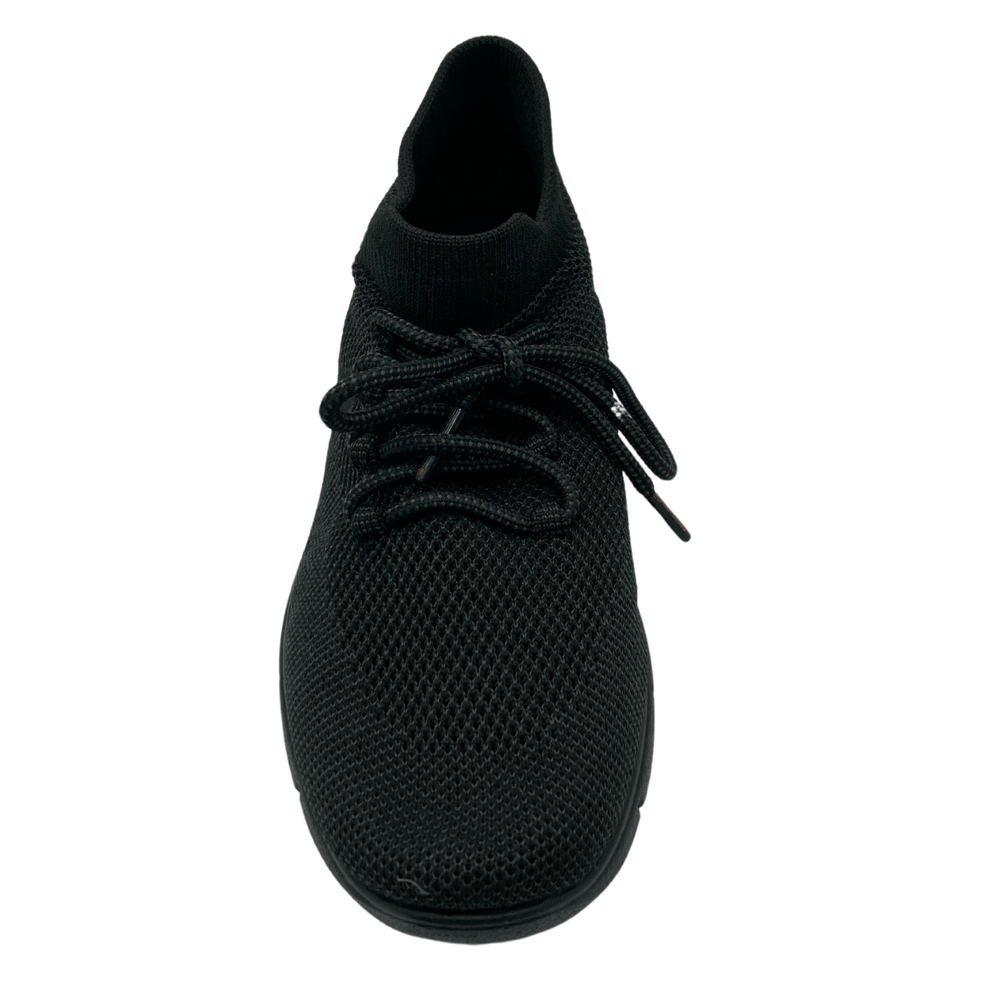 Top view of black mesh sneaker with black laces