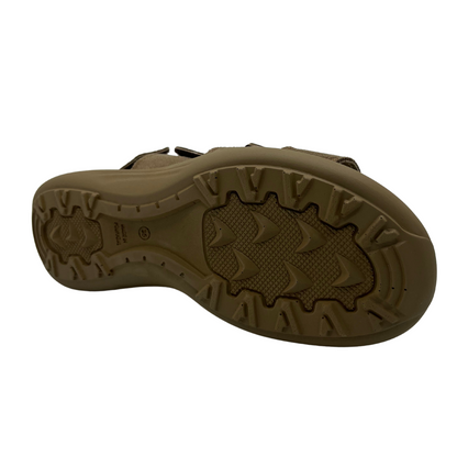 Bottom view of taupe leather sandals with 4 adjustable velcro straps. Cushioned footbed and open toe.
