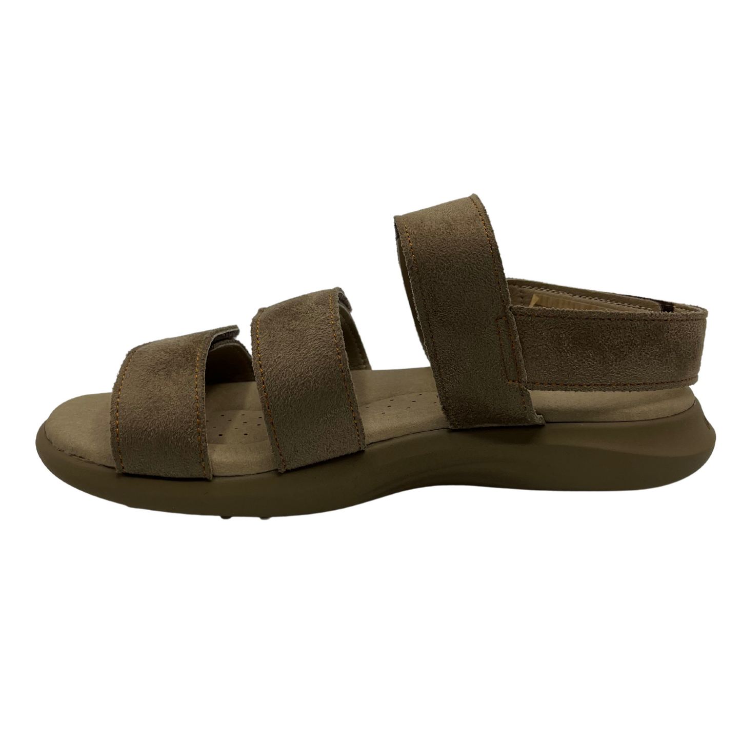 Left facing view of taupe leather sandals with 4 adjustable velcro straps. Cushioned footbed and open toe.