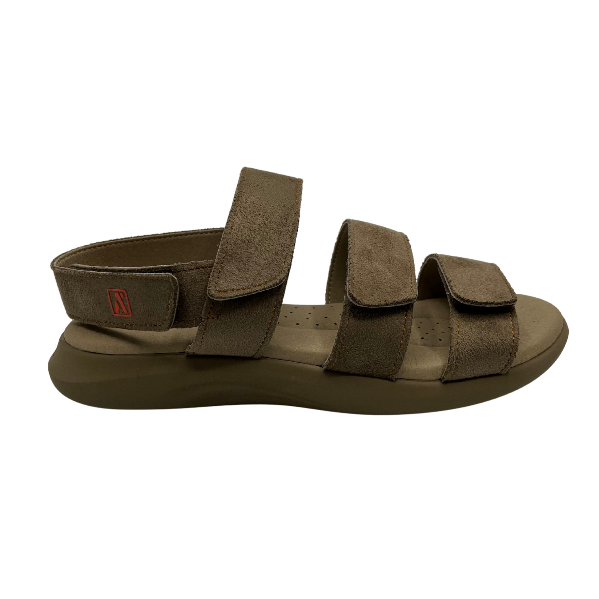 Right facing view of taupe leather sandals with 4 adjustable velcro straps. Cushioned footbed and open toe.