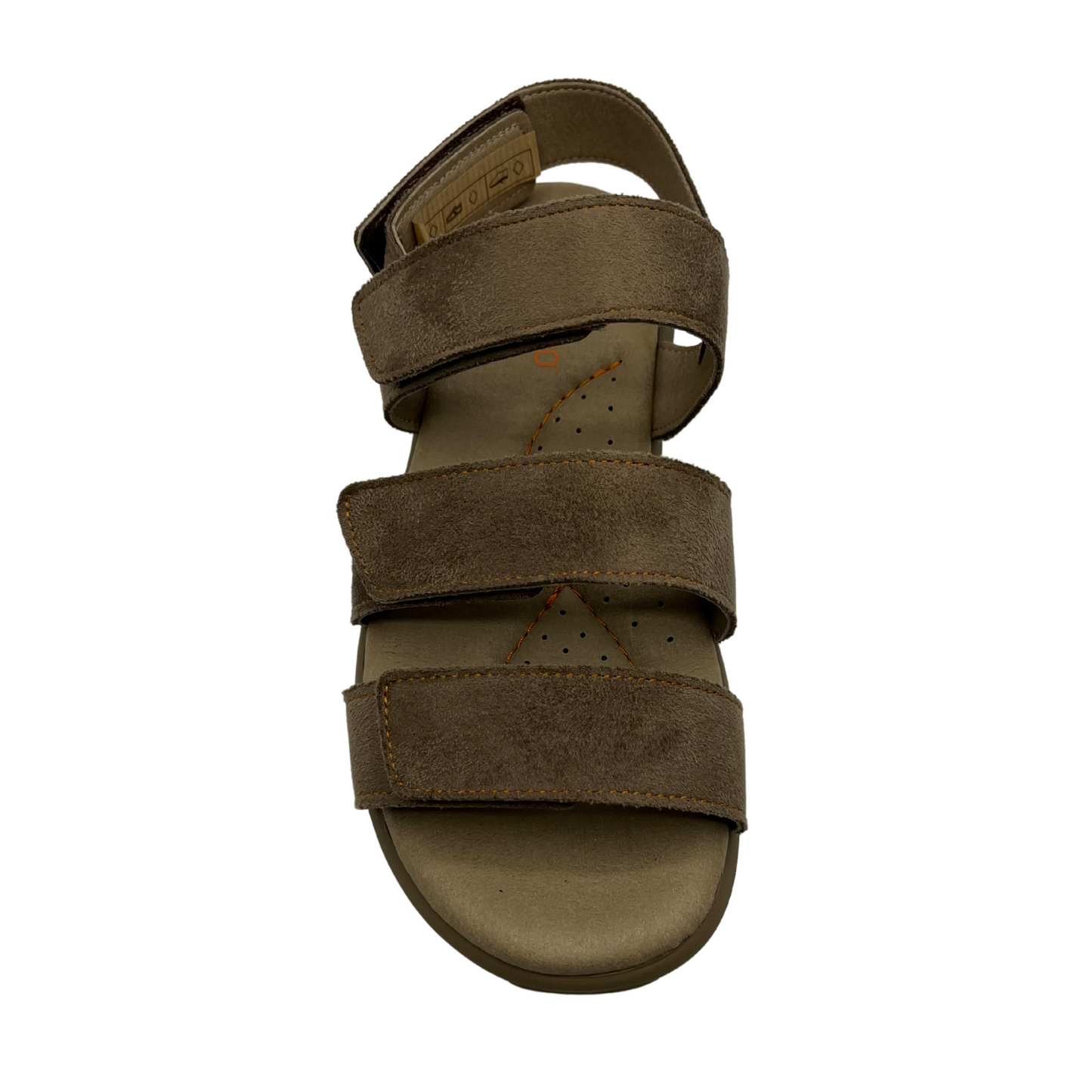 Top view of taupe leather sandals with 4 adjustable velcro straps. Cushioned footbed and open toe.