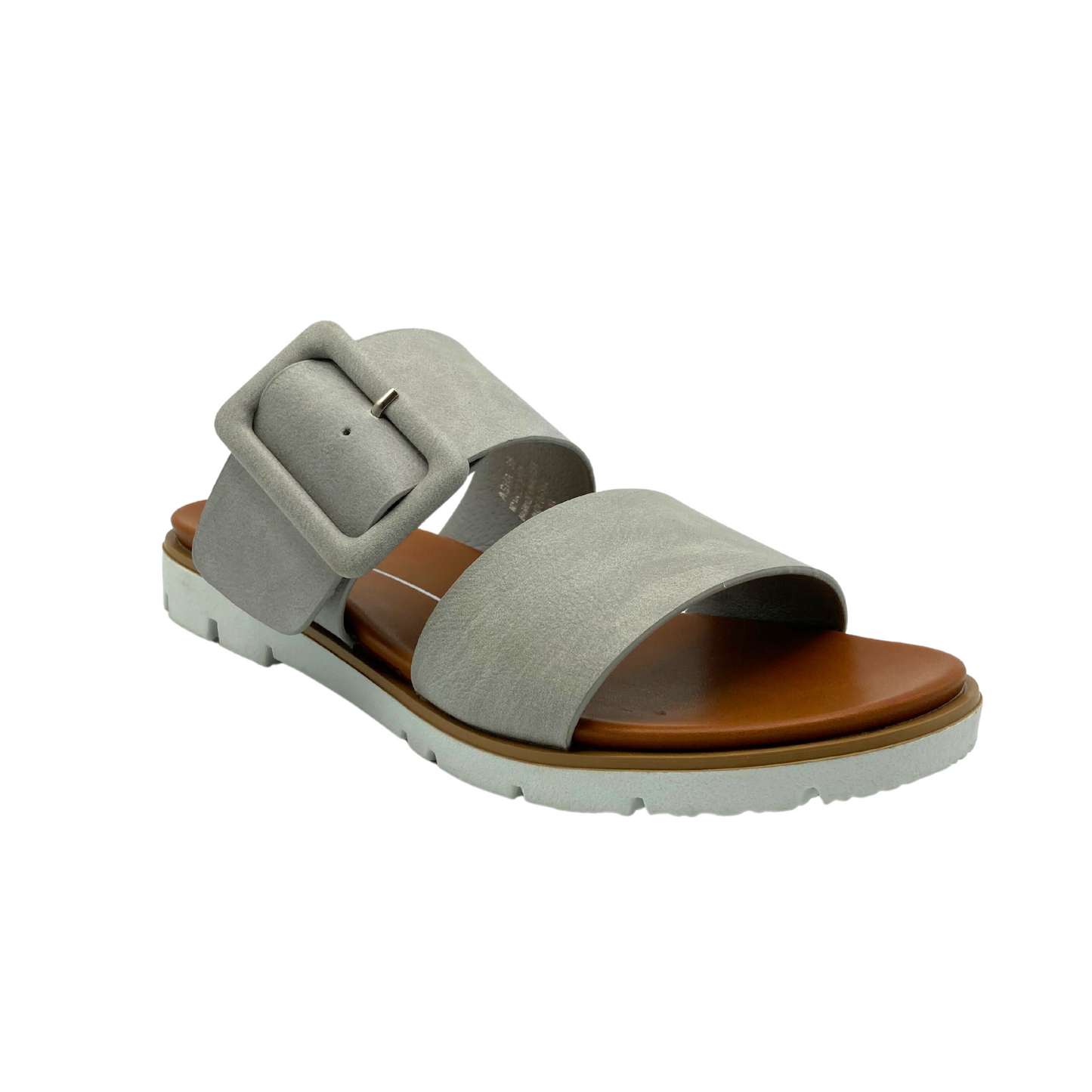 Angled front view of a slip on sandal.  Grey/beige man made upper with a white sole