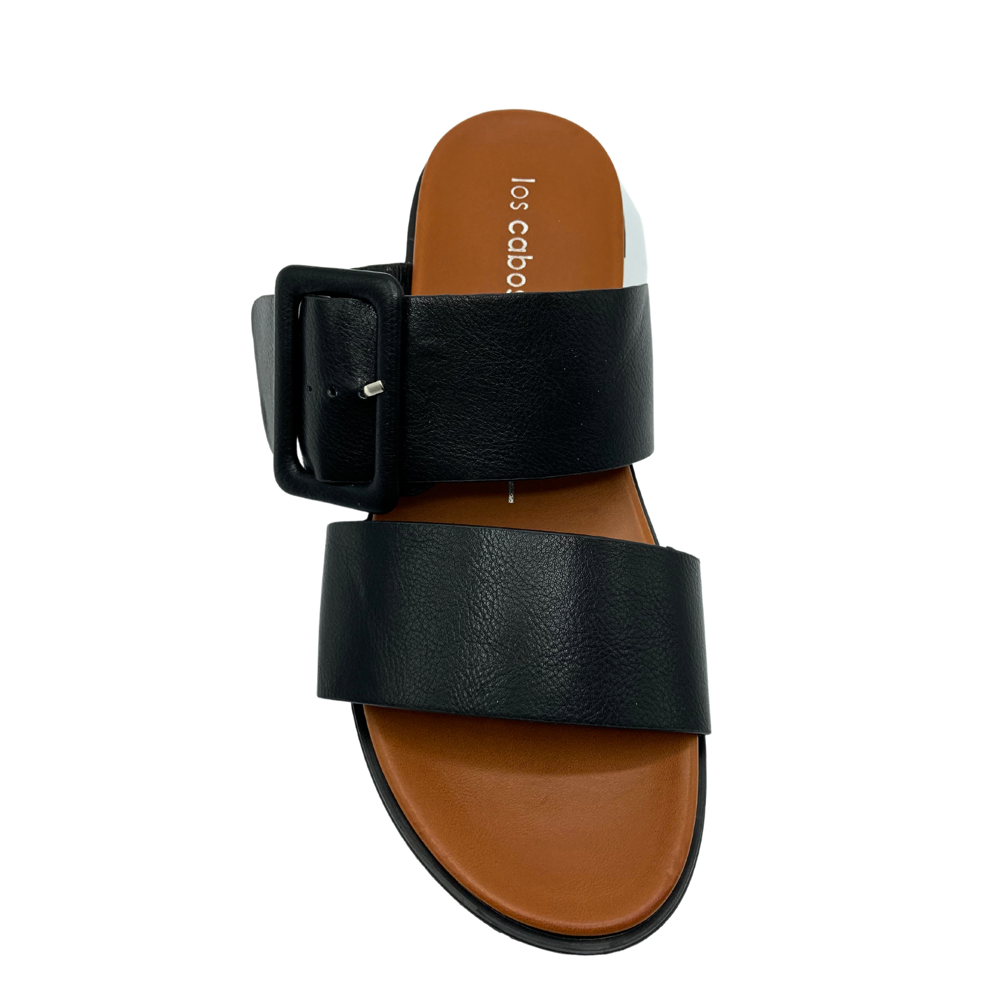 Top down view of a slip on sandal with 2 wide straps.  Adjustable buckle on top strap
