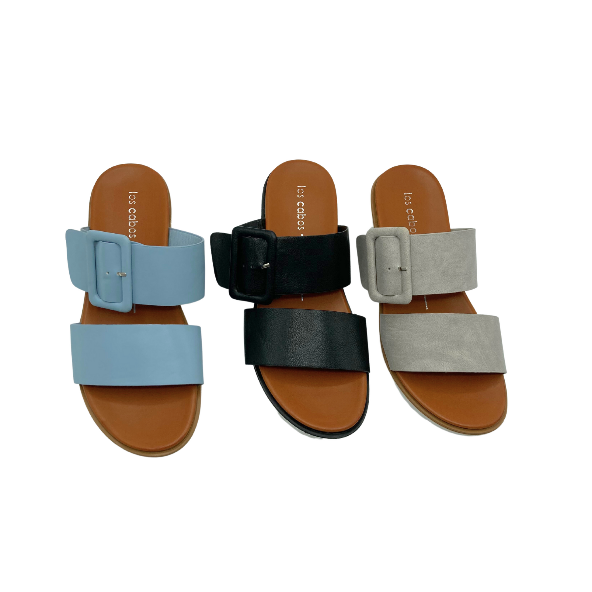 Top down view of a summer slide in 3 colors - baby blue, black, and taupe