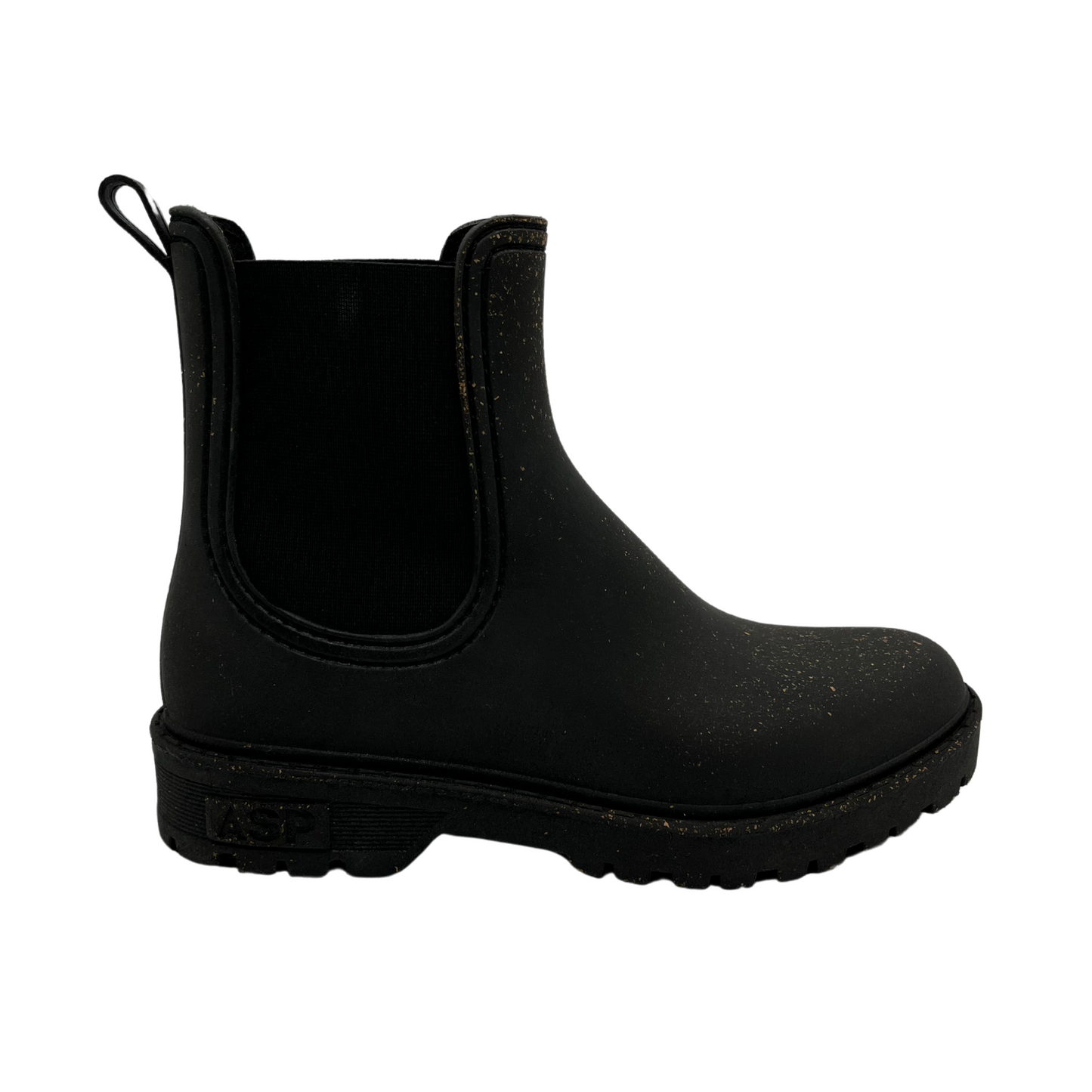 Right facing view of black short boot with elasticated side gores, pull on heel tab and rubber outsole