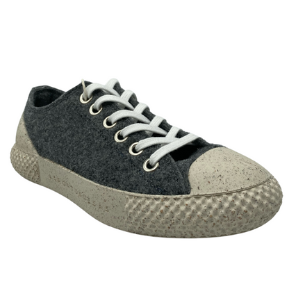 45 degree angled view lace up low top sneakers with wool upper and cork sole