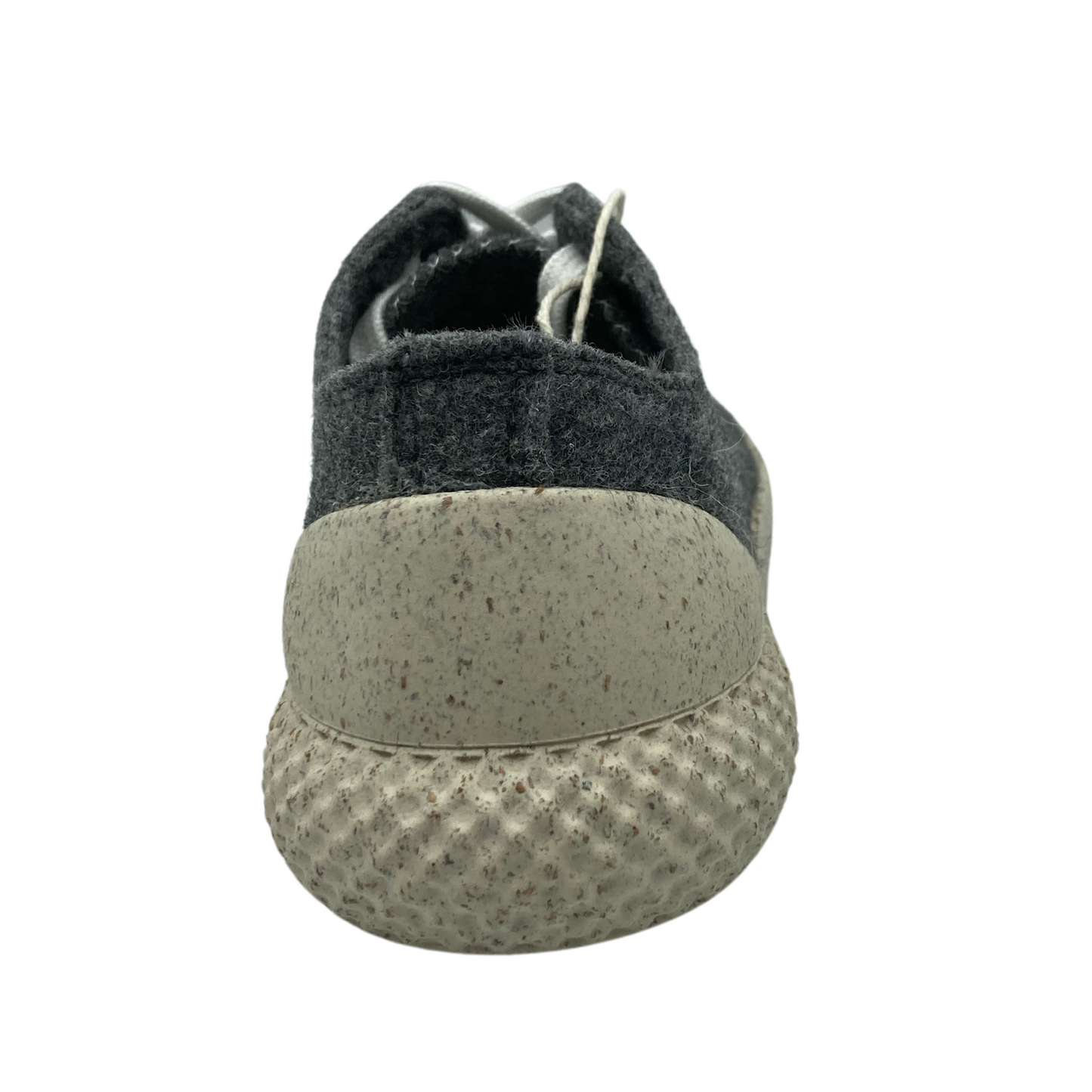 Back view of dark grey wool sneaker with cork outsole