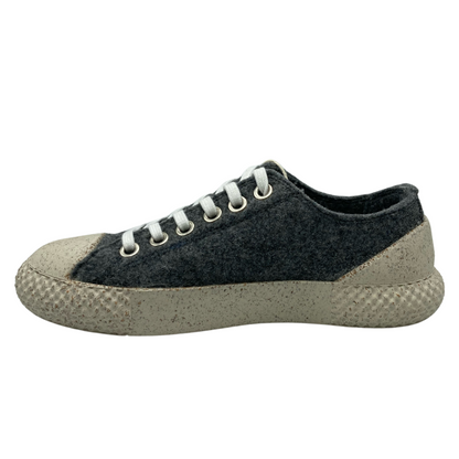 Left facing view of grey wool sneakers with cork outsole