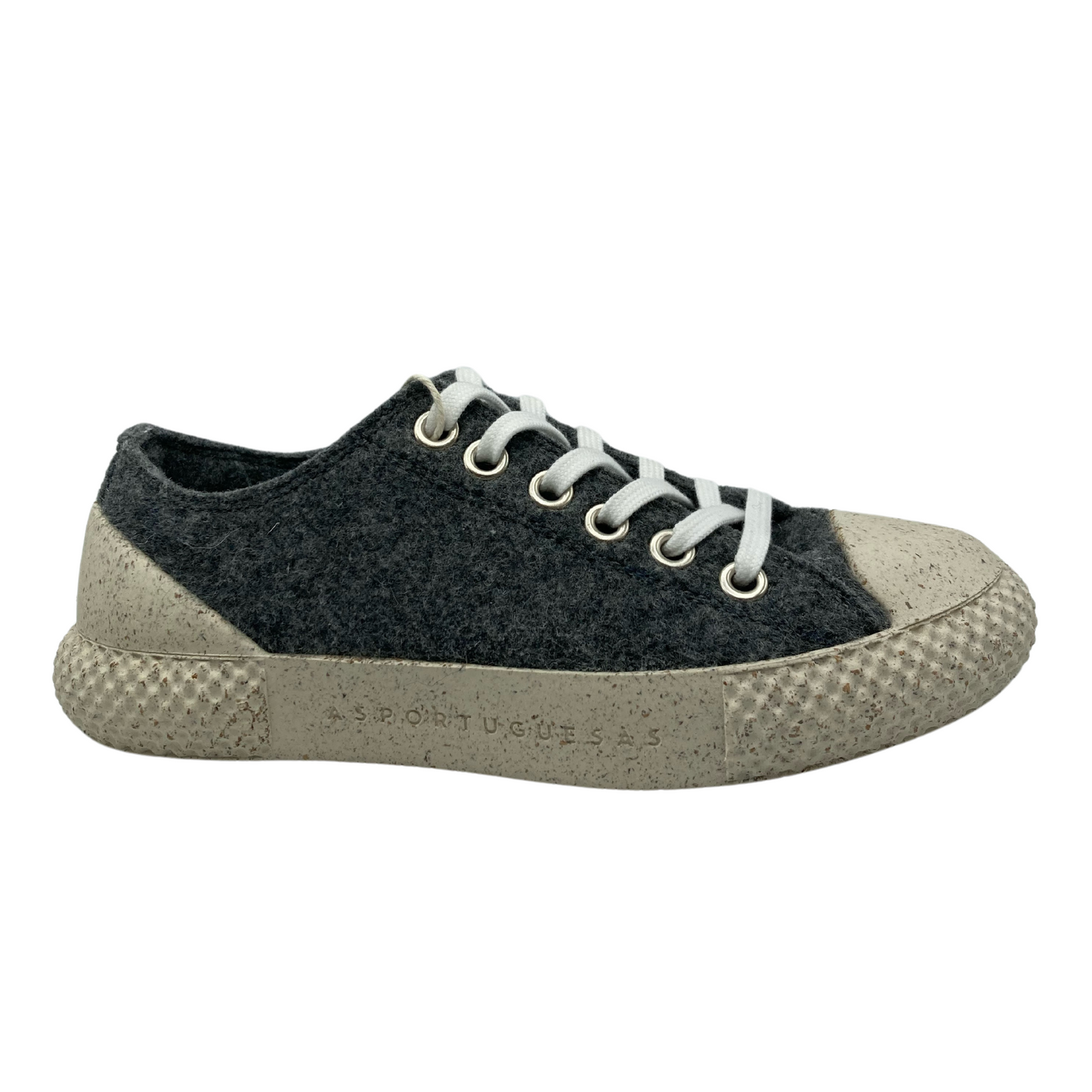 Right facing view of wool sneakers with cork outsole