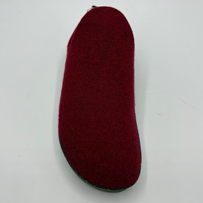 A single deep burgundy wool shoe shown from the top on a plain white background.
