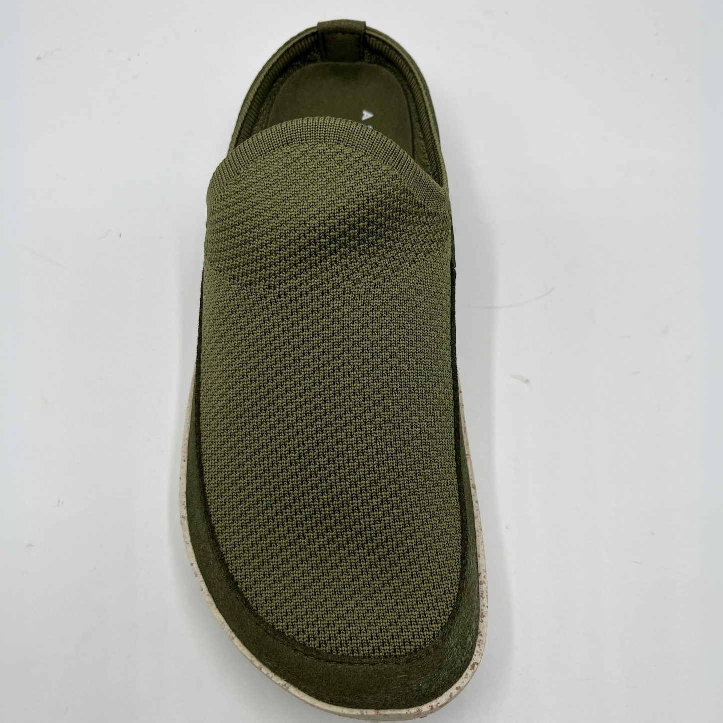 Top view of a green textile slip on clog with a contoured footbed and lightweight outsole.