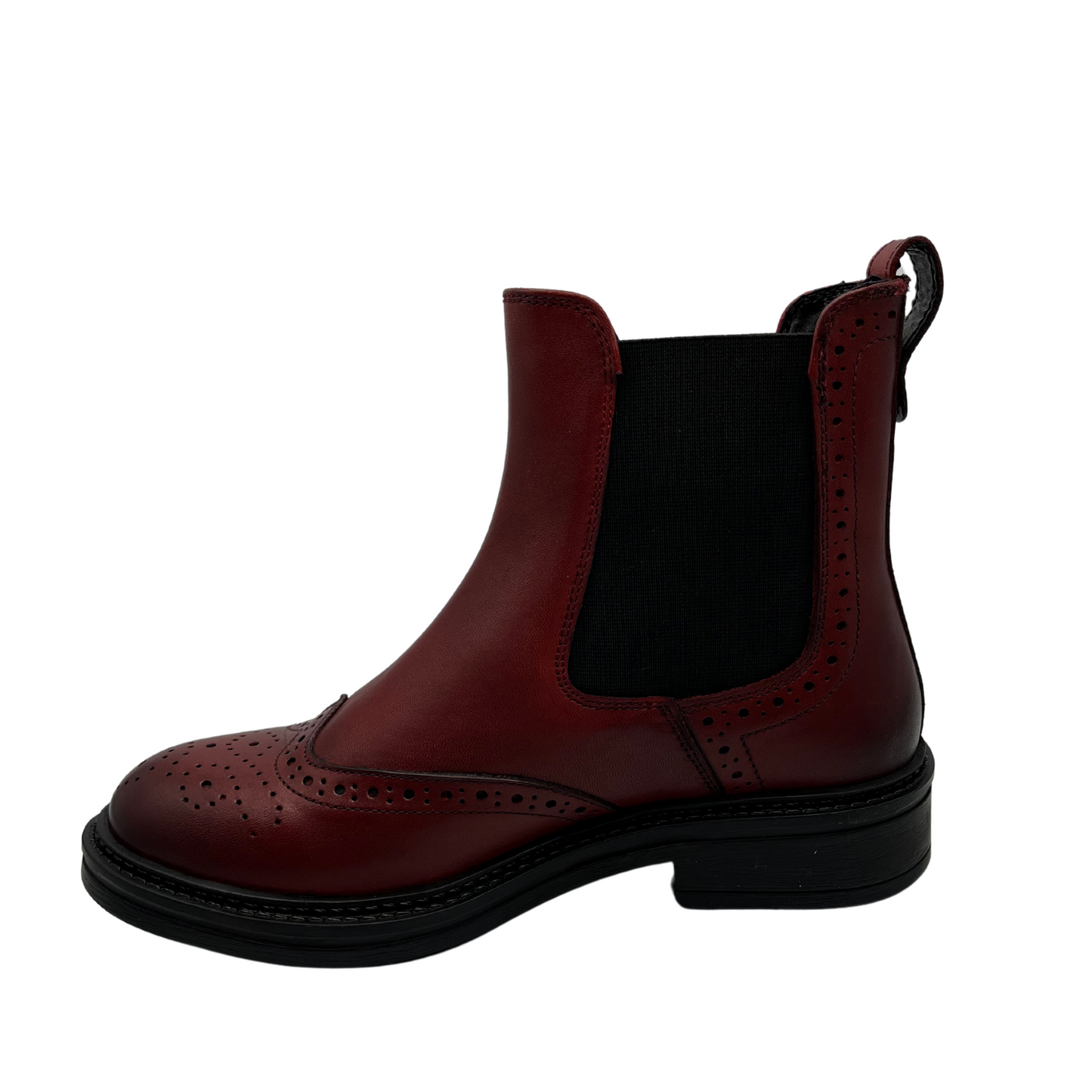 Left facing view of red leather short boot in a western style. Featuring elastic side gores, low heel and pull on heel tab.