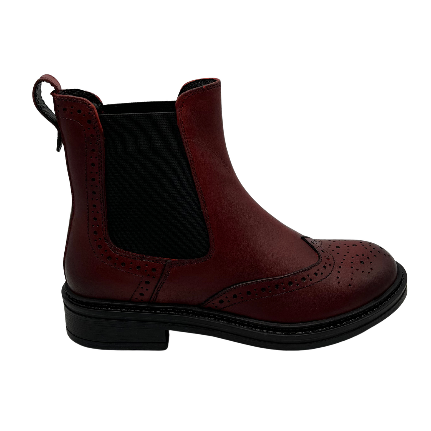 Right facing view of red leather short boot in a western style. Featuring elastic side gores, low heel and pull on heel tab.