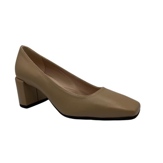 45 degree angled view of taupe leather pump with square toe and 2.4 inch wrapped heel.