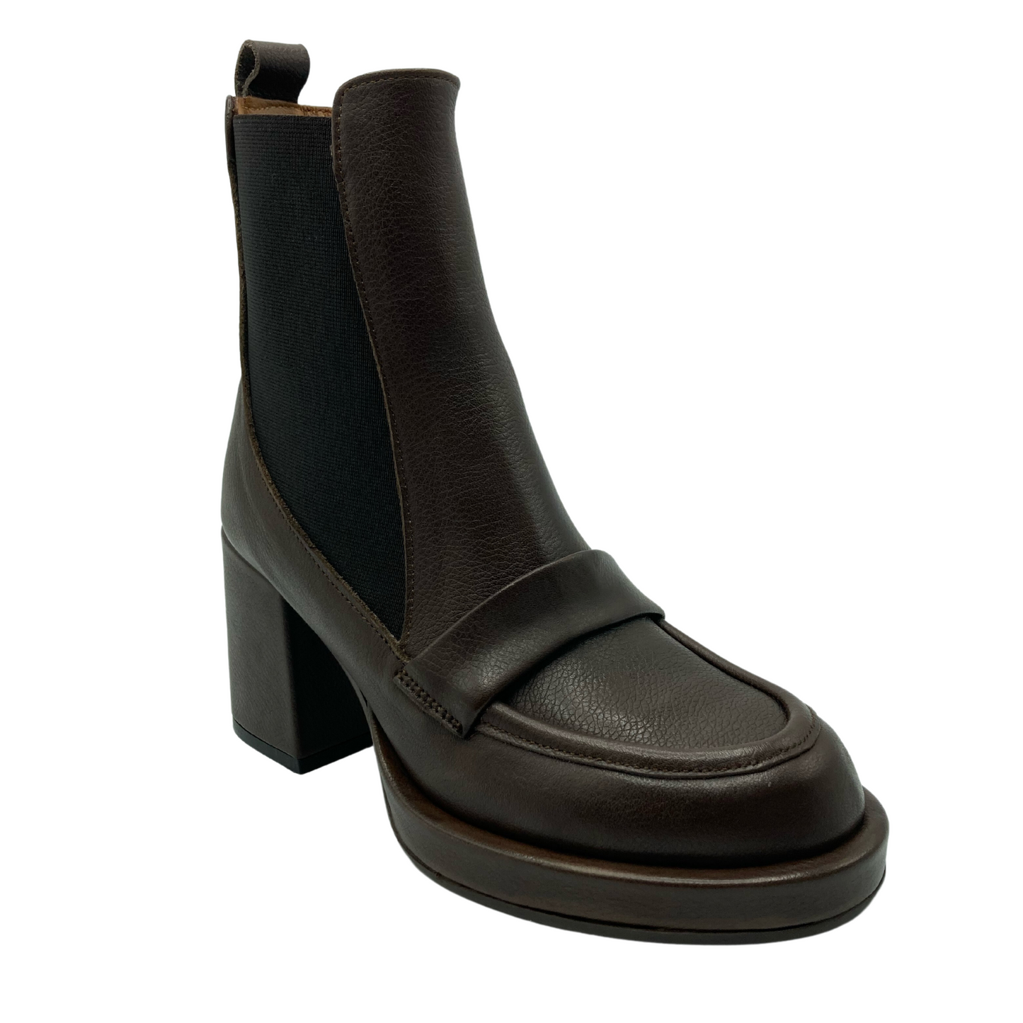 45 degree angled view of brown leather oxford style boot with rounded toe and stacked heel