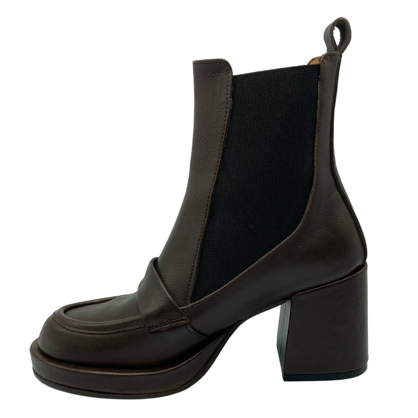 Left facing view of brown leather short boot with stacked heel and rounded toe