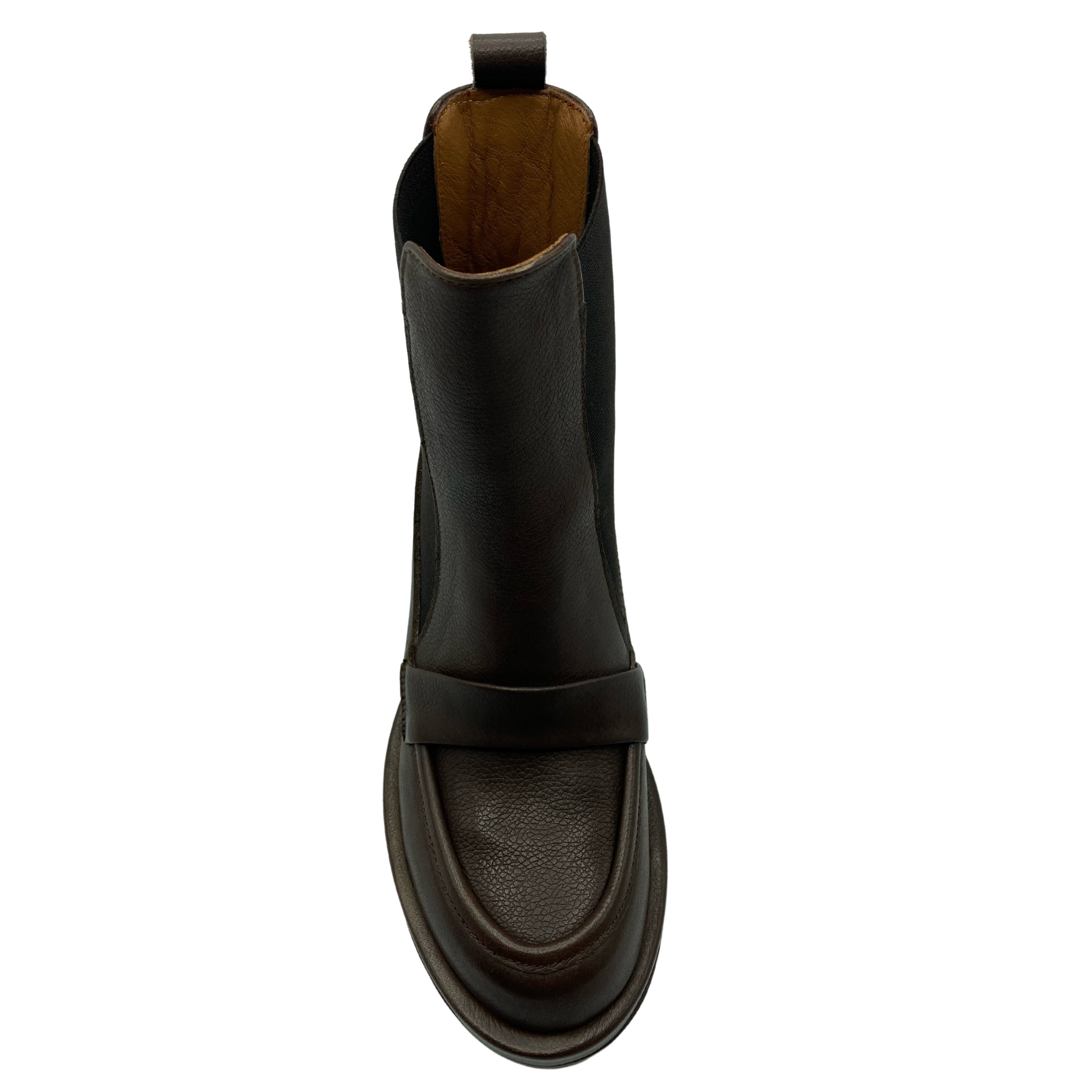 Top view of brown leather short boot with rounded toe and leather lining