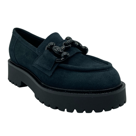 45 degree angled view of navy suede loafer with black lug sole and black detail on upper