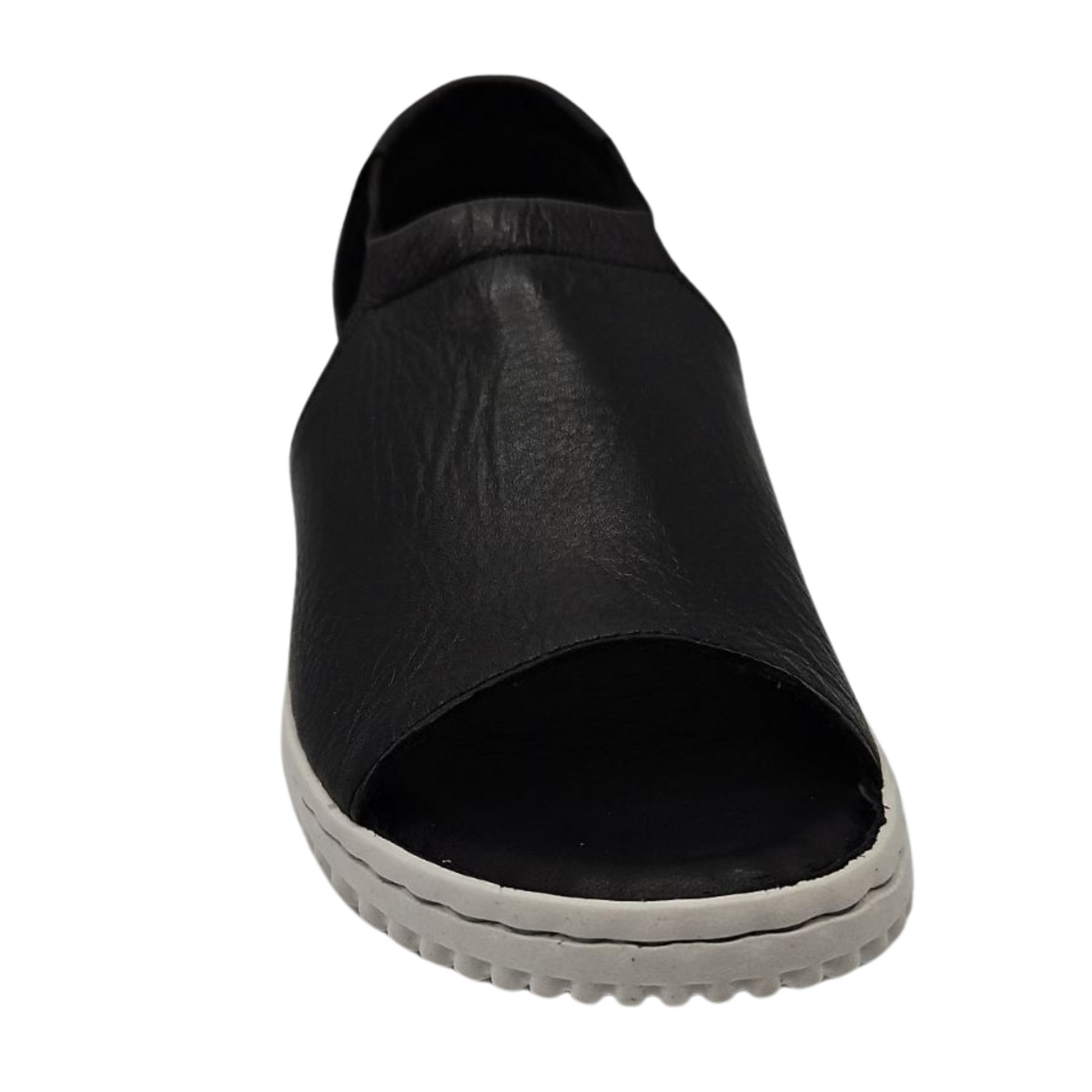 Front view of black sandal with peep toe, white rubber outsole and elastic sides.