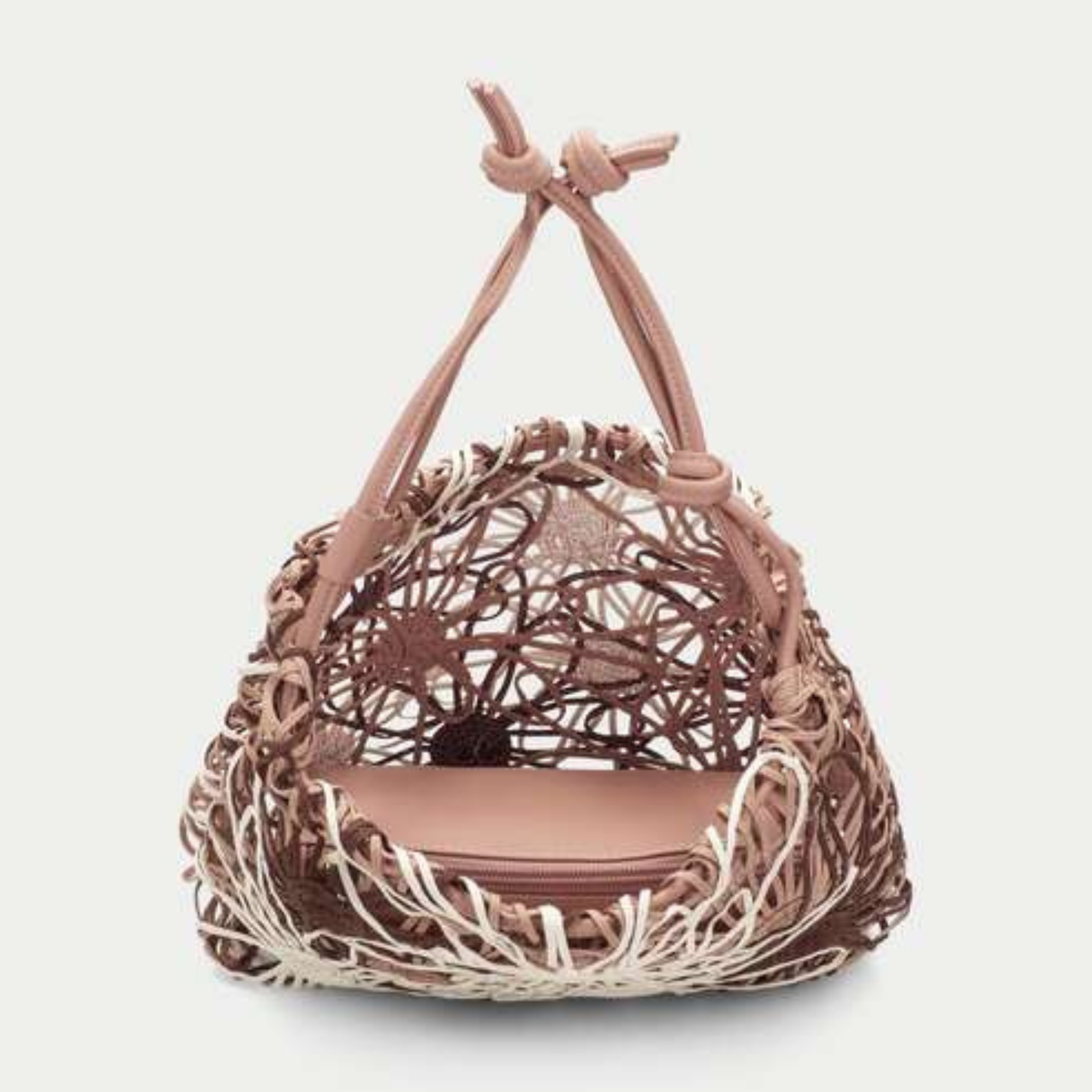 Open view of a woven floral bag