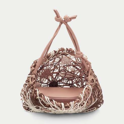 Open view of a woven floral bag