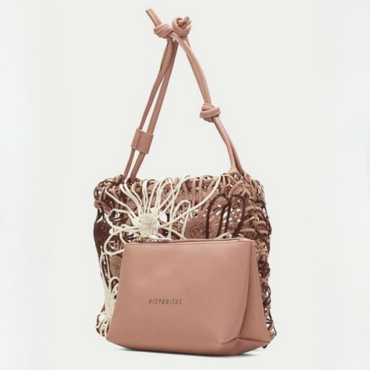 Front view of a woven floral bag