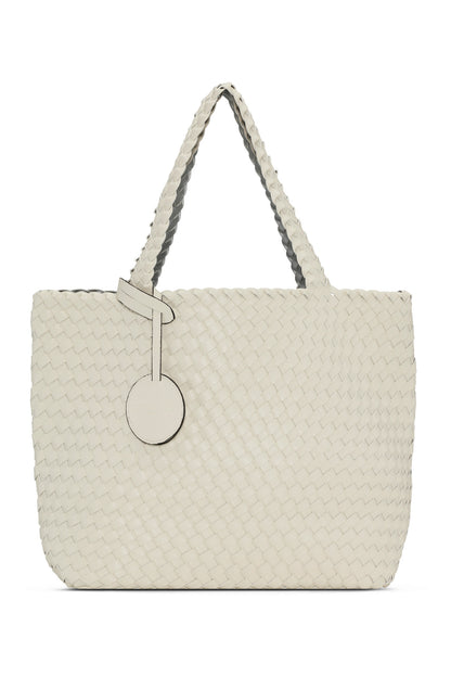 White woven tote bag with a circular tag on a white background
