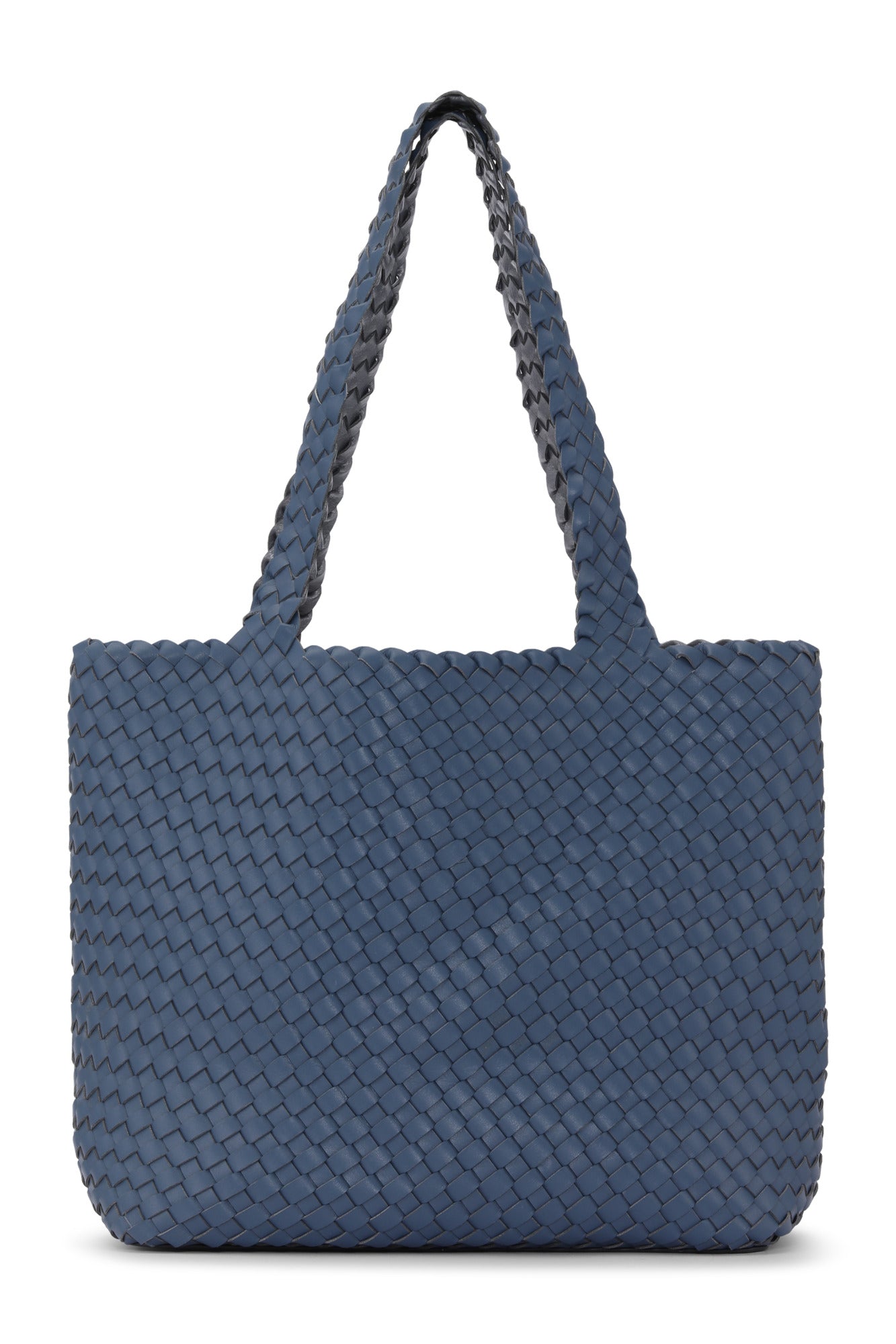 Blue woven handbag on a white background