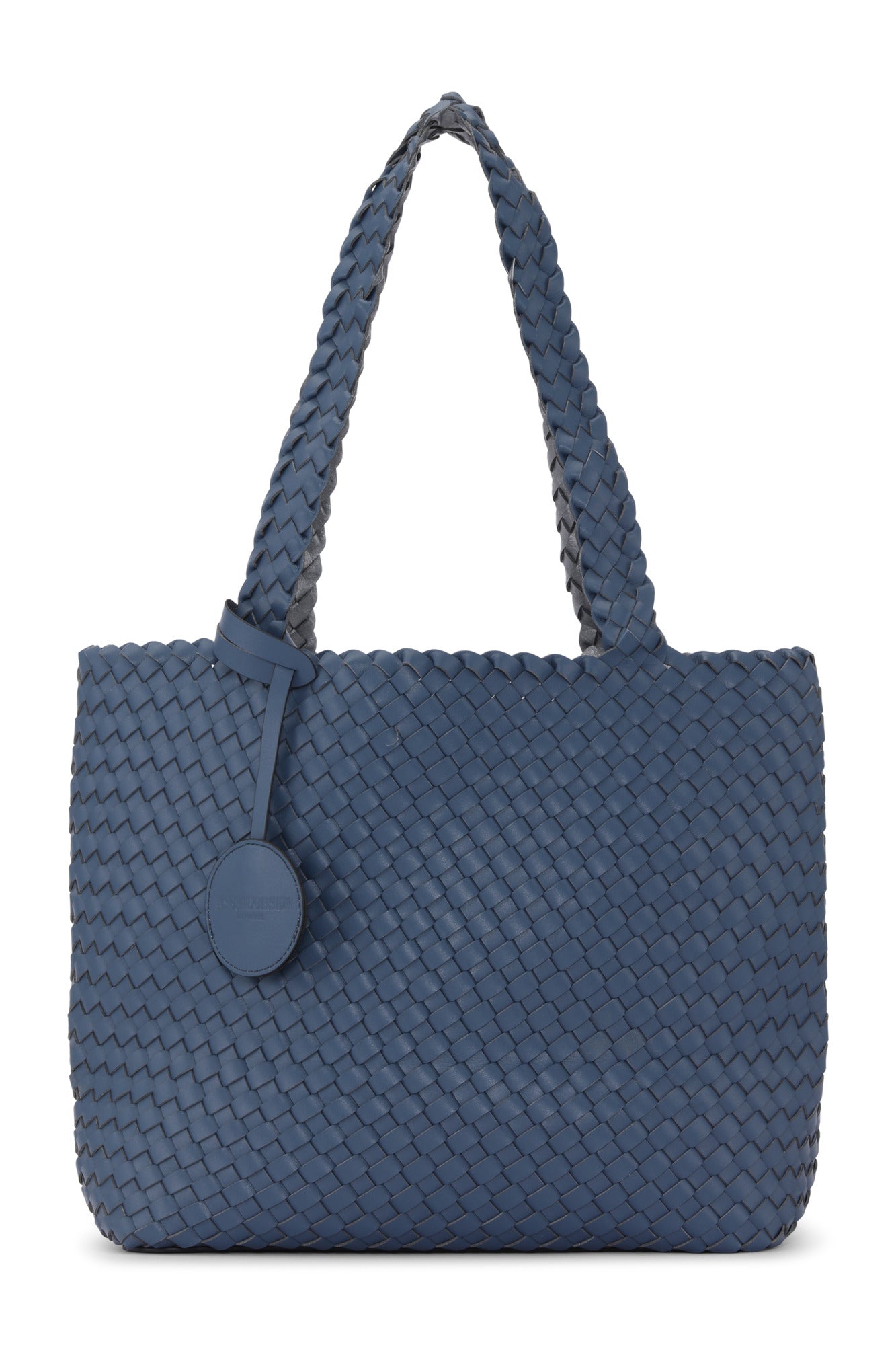 Blue woven handbag with a round button on a white background