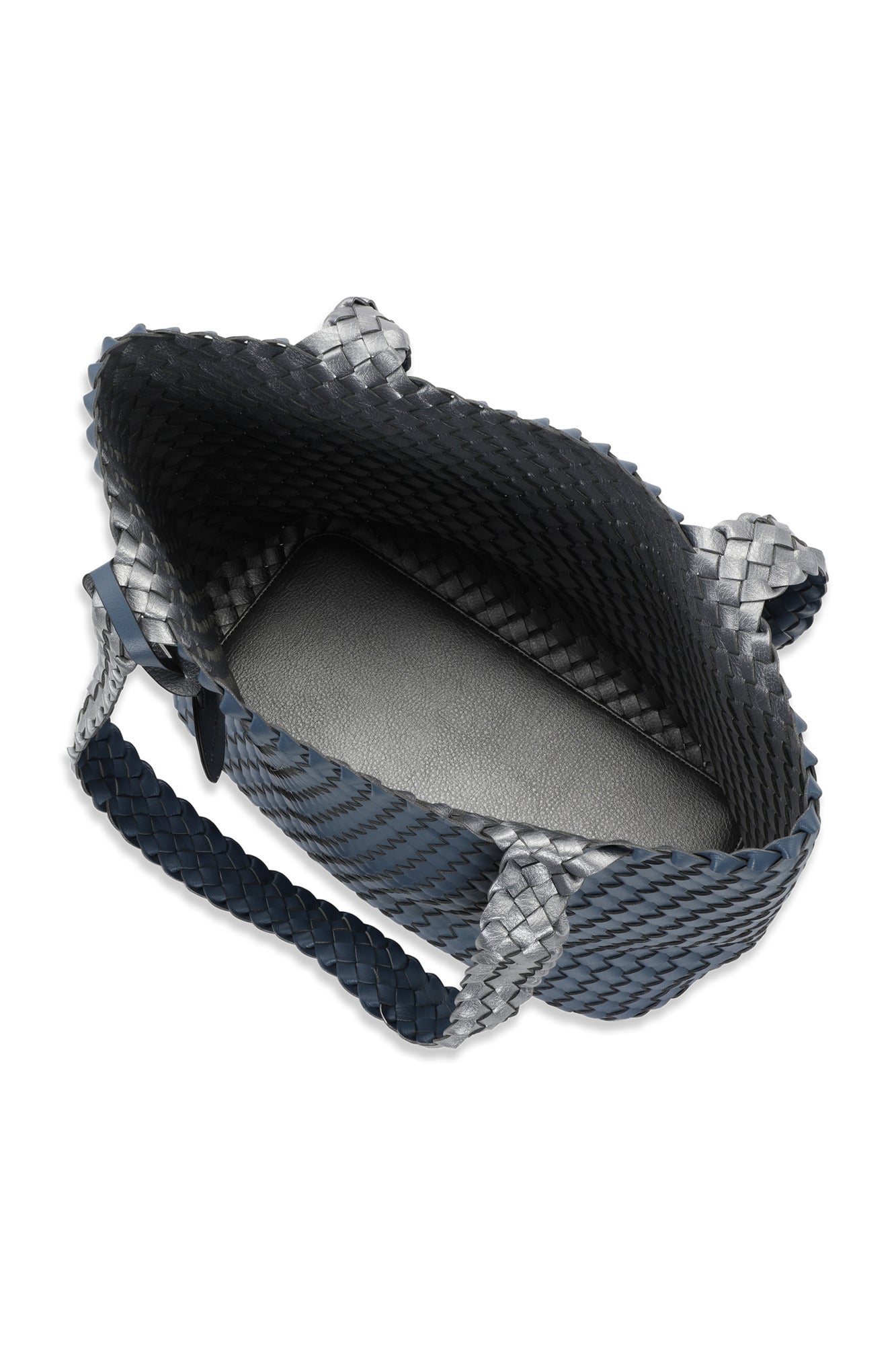 Woven blue and silver strap on a white background