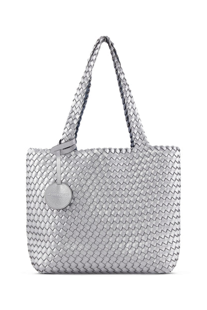 Silver woven handbag with a heart-shaped charm on a white background