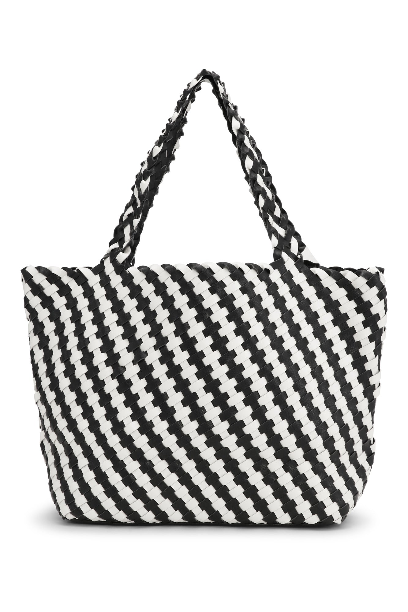 Black and white striped tote bag on a white background