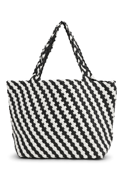 Black and white striped tote bag on a white background