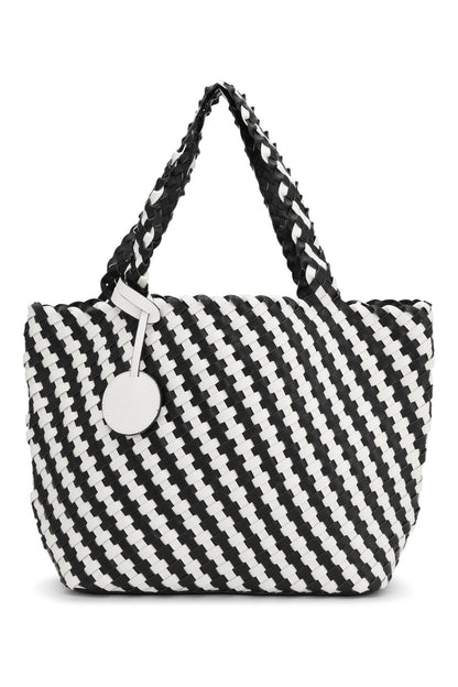 Black and white striped bag with a circular tag on a white background
