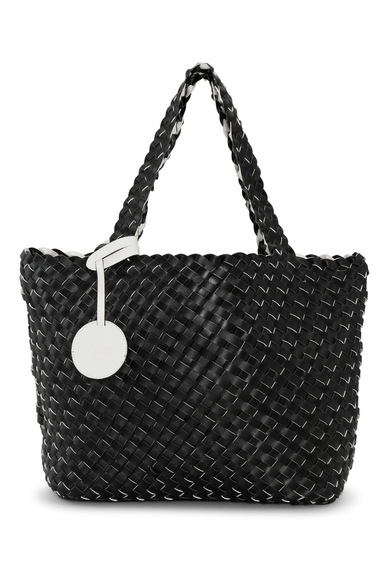Black woven handbag with braided handle on a white background