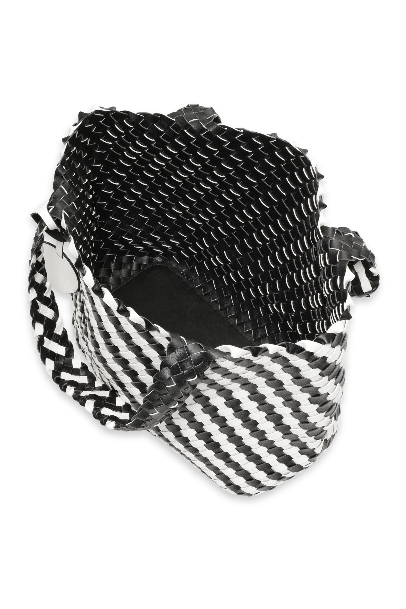 Black and white patterned handbag with chain detail on a white background