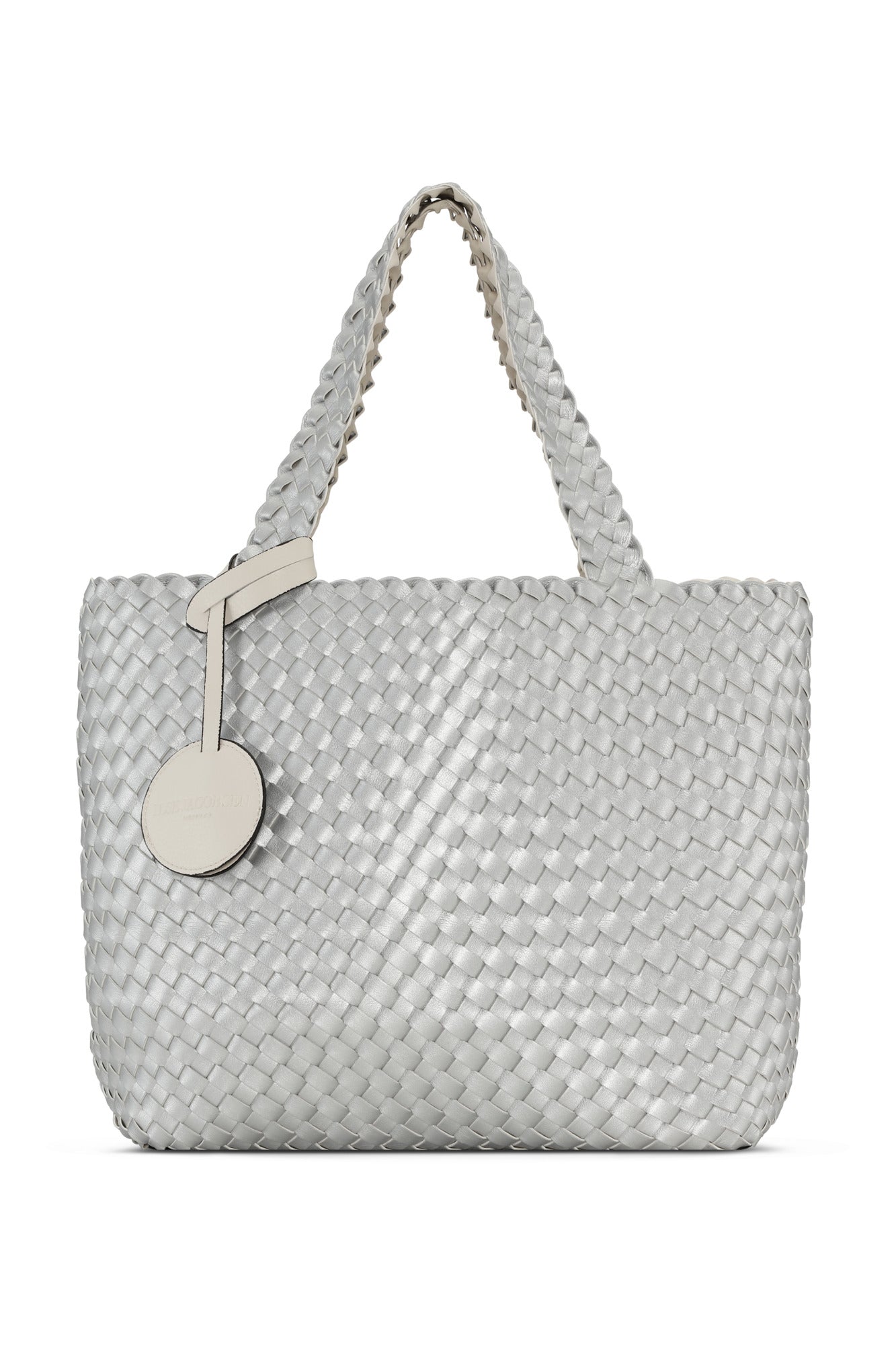 Silver metallic woven handbag with a visible brand logo on a white background