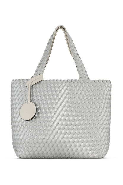 Silver metallic woven handbag with a visible brand logo on a white background