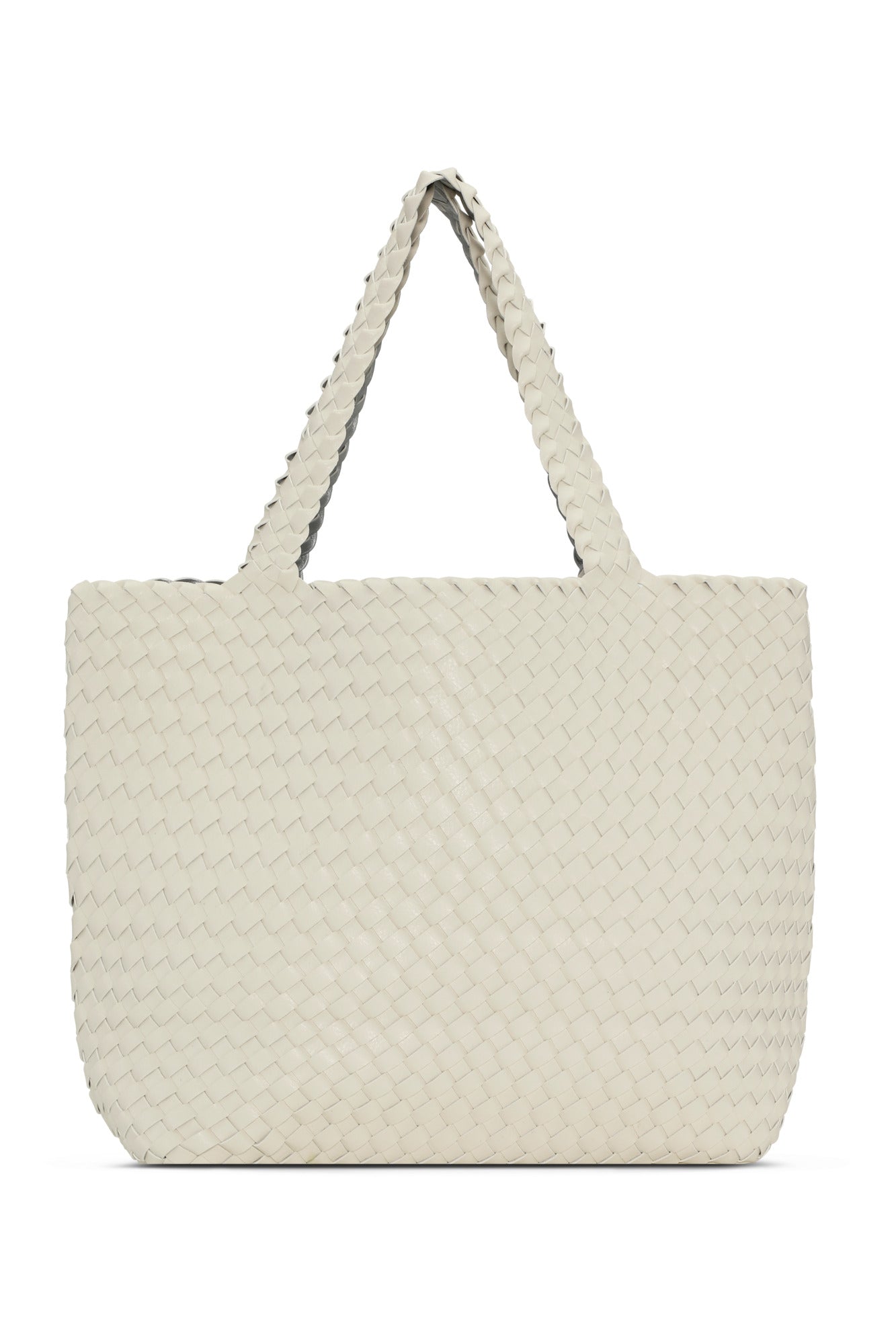 White woven tote bag on a white background