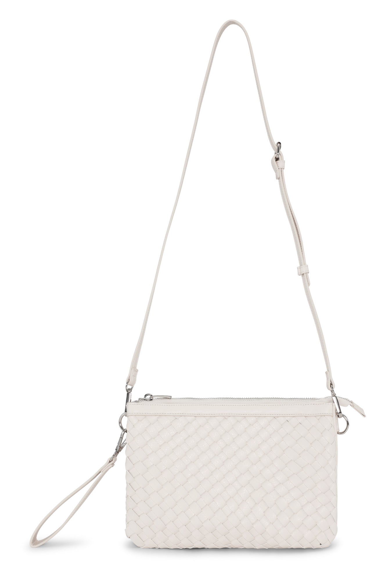 White woven handbag with a strap on a white background