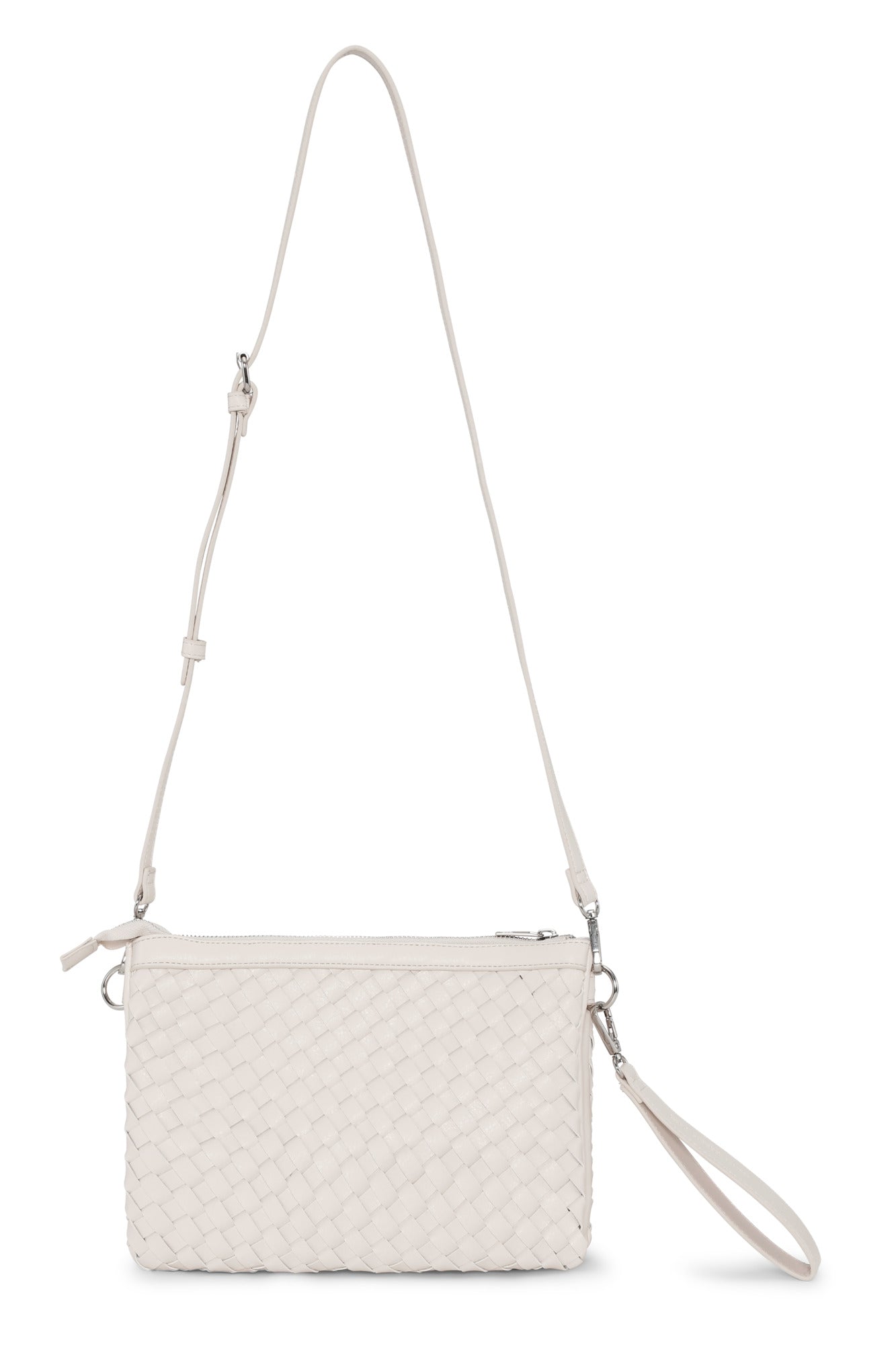 White woven handbag with a strap on a white background