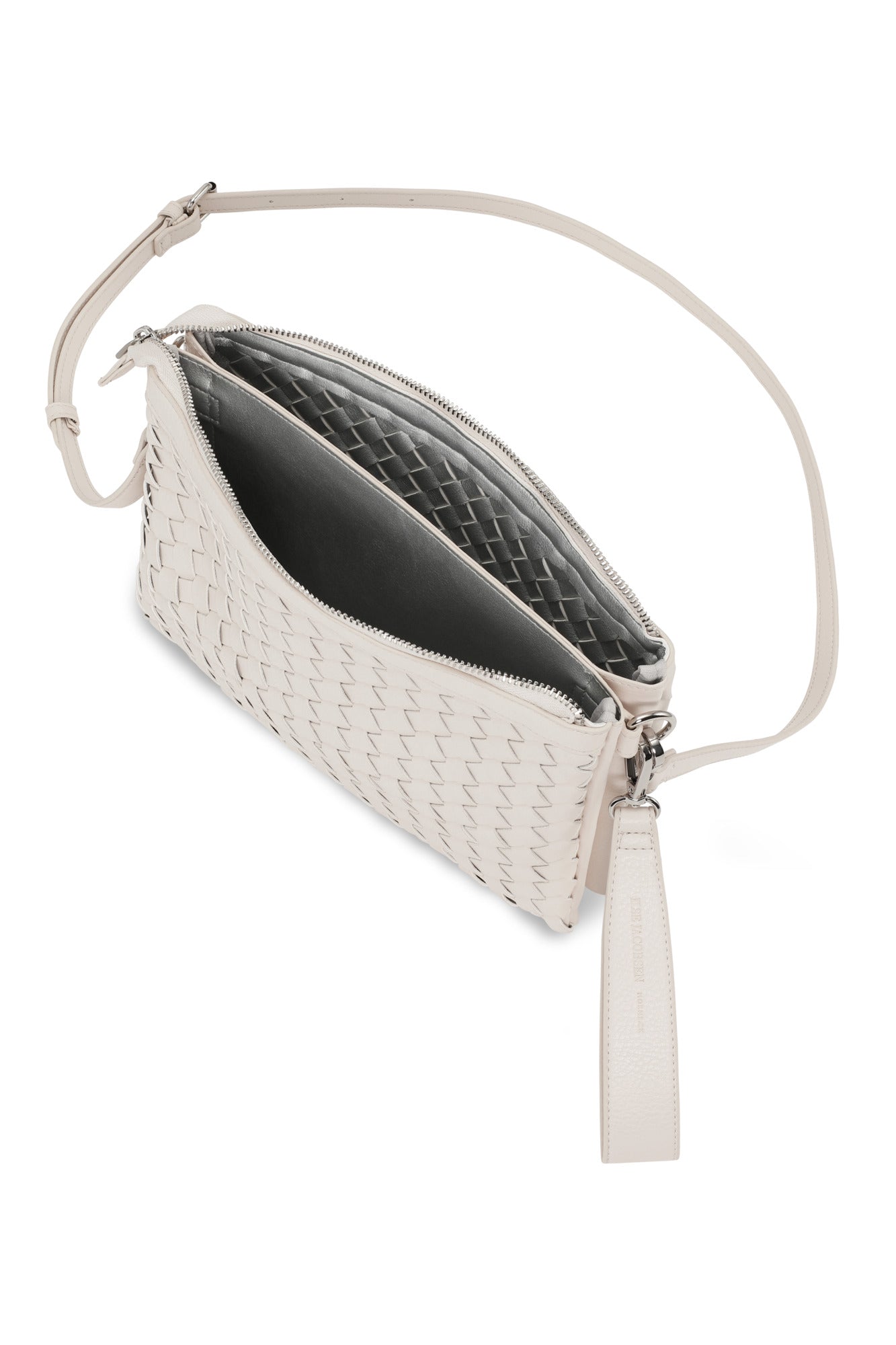 White woven handbag with a visible brand logo on a white background