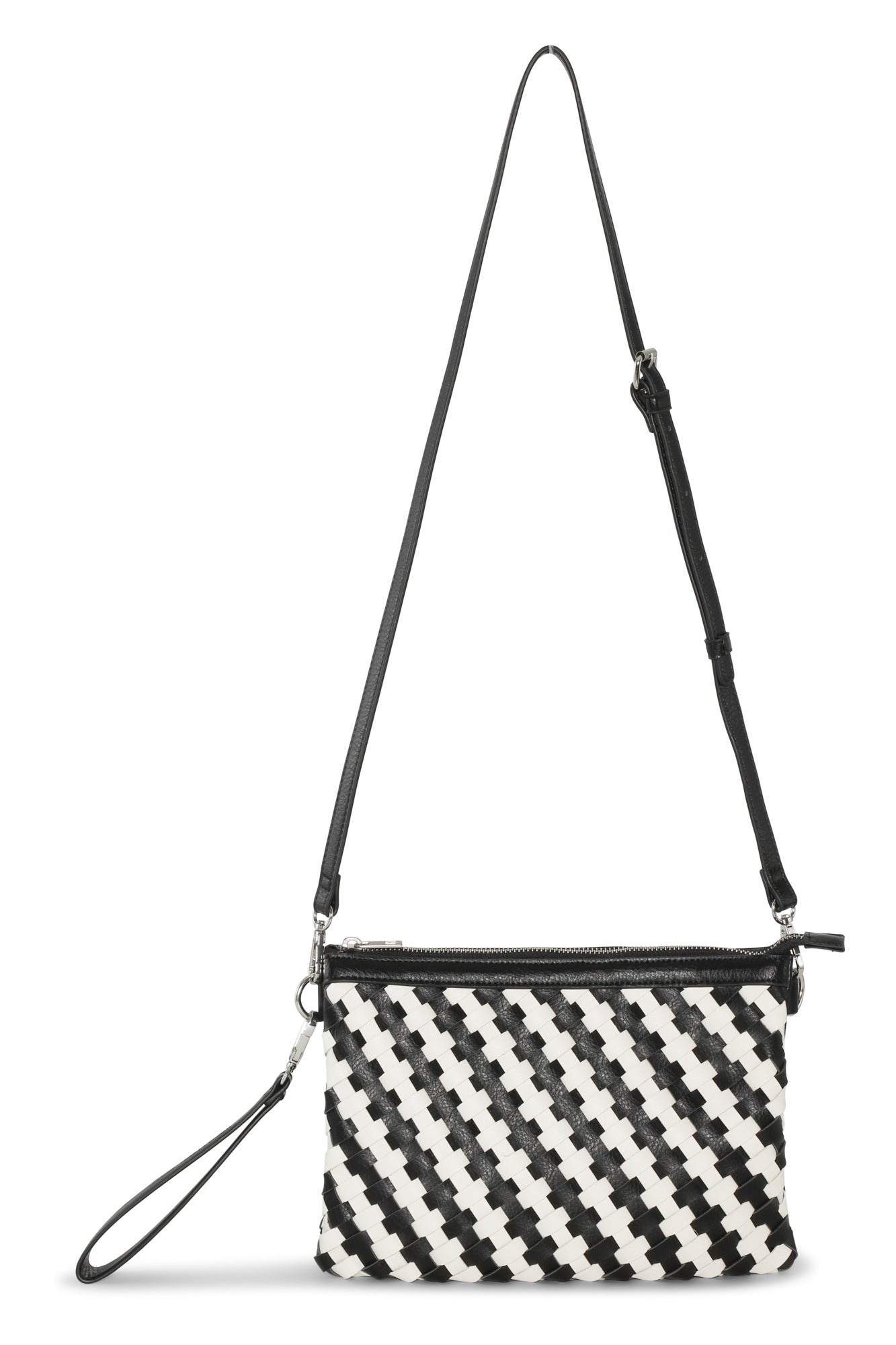Black and white checkered bag with a strap on a white background
