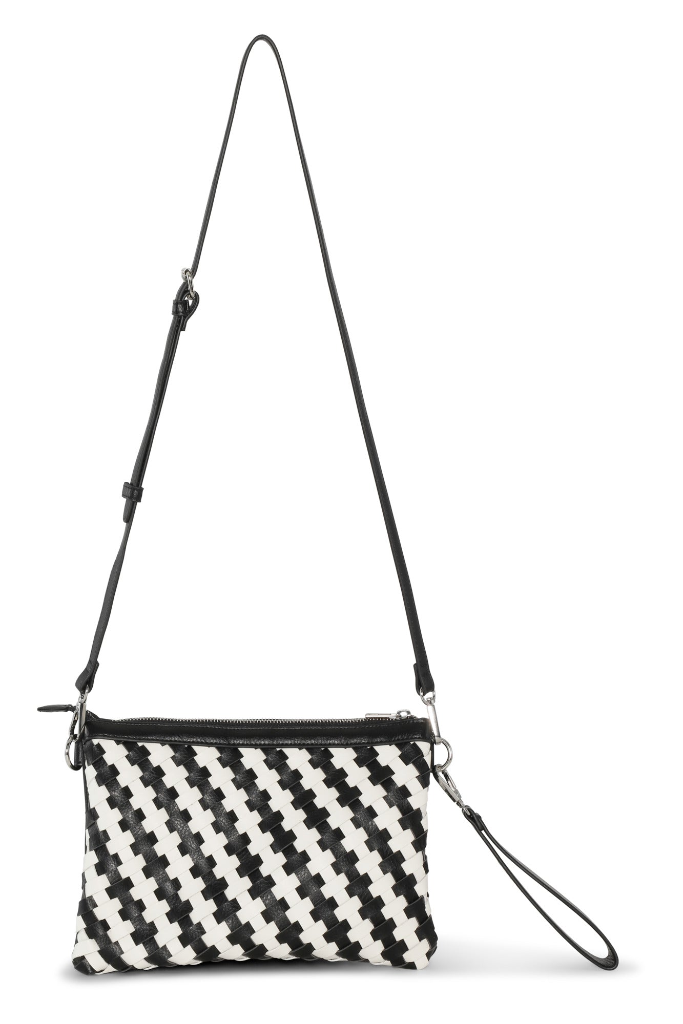 Black and white checkered bag with a strap on a white background