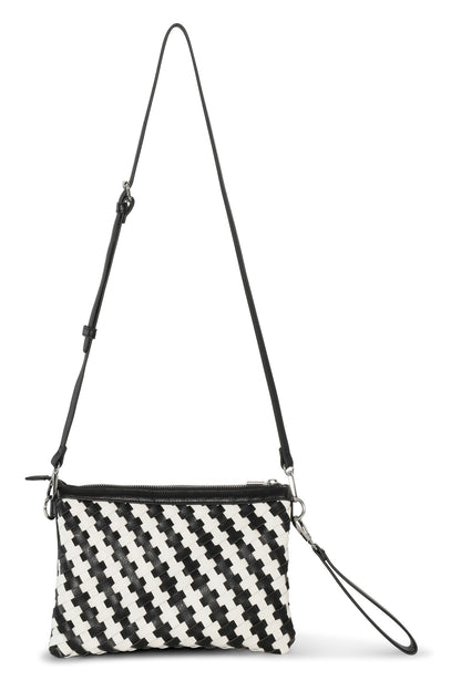 Black and white checkered bag with a strap on a white background