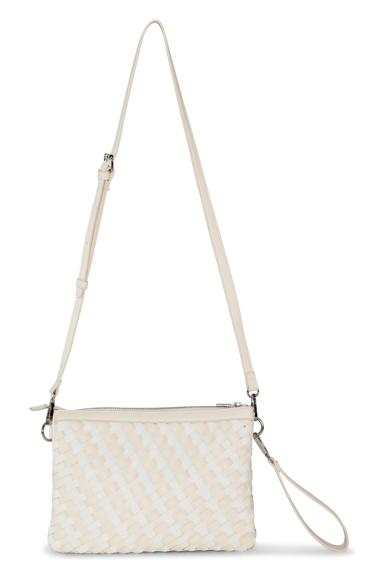 White woven handbag with a strap on a white background